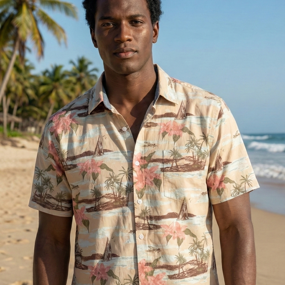 Free Planet Beige and Pink Tropical Men's Shirt